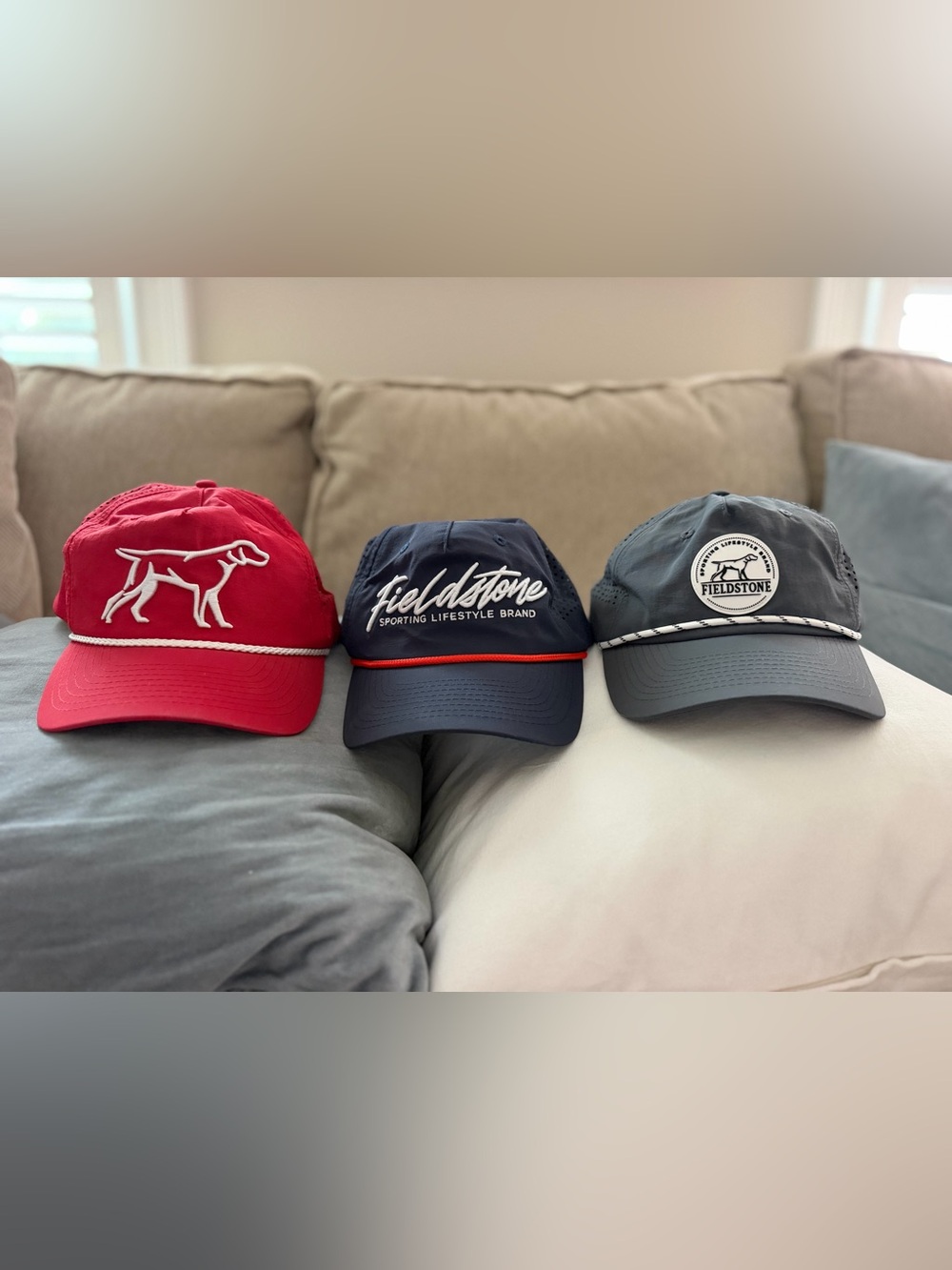 Fieldstone 3-Piece Trucker Hat Set Red, Gray & Blue Like New